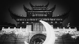 Preview wallpaper building, pagoda, architecture, asia, moon, black and white