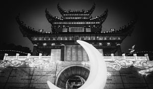 Preview wallpaper building, pagoda, architecture, asia, moon, black and white