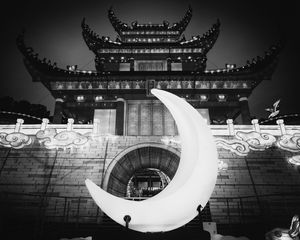 Preview wallpaper building, pagoda, architecture, asia, moon, black and white