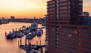 Preview wallpaper building, pier, port, boats, sea