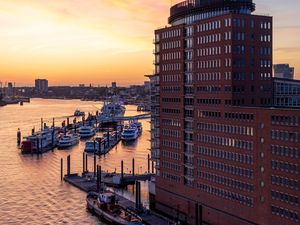 Preview wallpaper building, pier, port, boats, sea