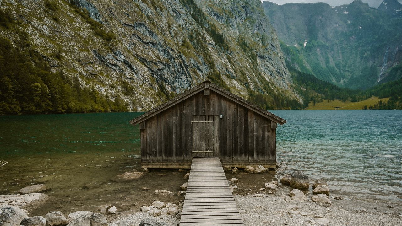 Wallpaper building, pier, rocks, mountains, lake