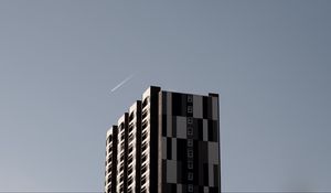 Preview wallpaper building, plane, sky, minimalism, architecture