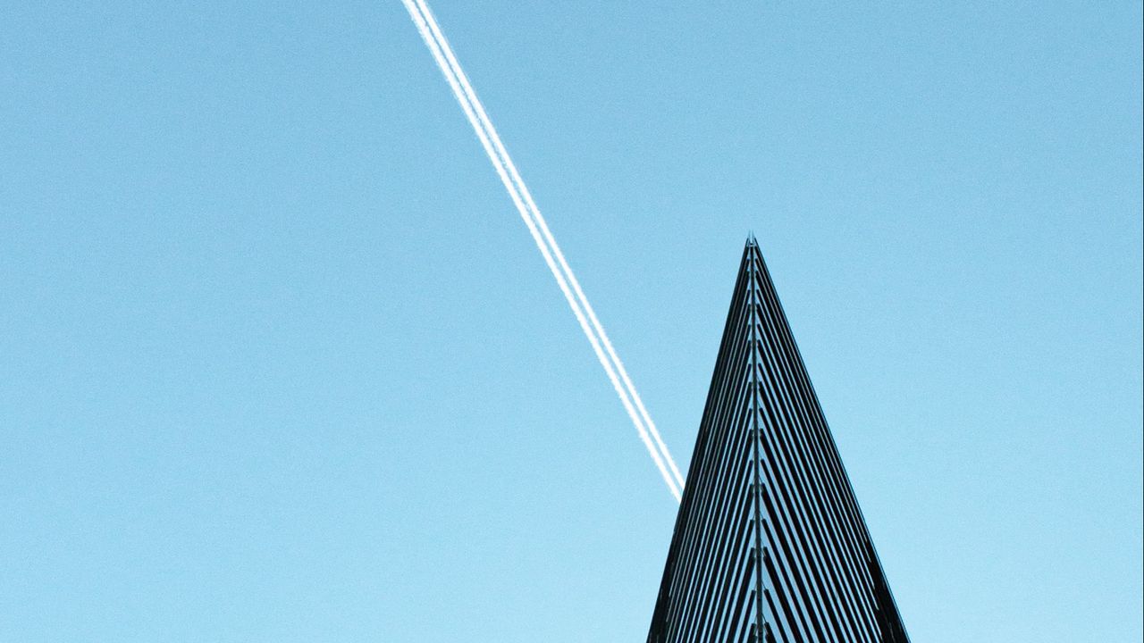 Wallpaper building, plane, trail, sky, minimalism