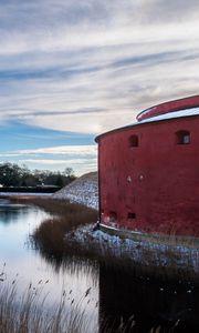 Preview wallpaper building, pond, snow, winter