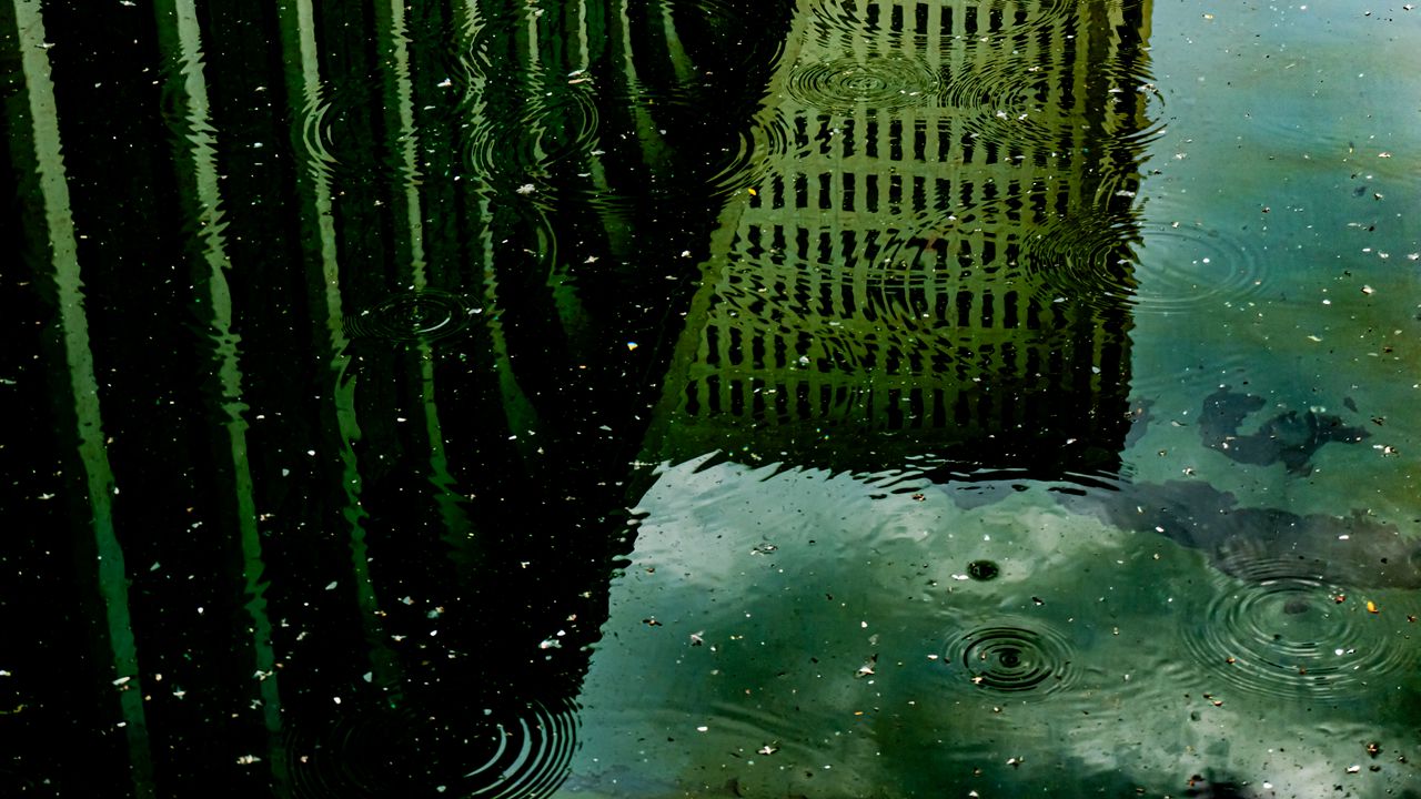 Wallpaper building, rain, reflection, puddle, drops