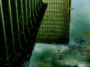 Preview wallpaper building, rain, reflection, puddle, drops