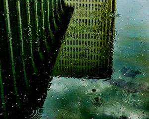 Preview wallpaper building, rain, reflection, puddle, drops