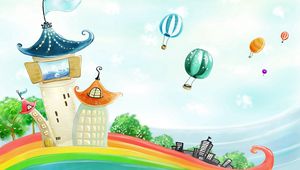 Preview wallpaper building, rainbow, balloons, nature