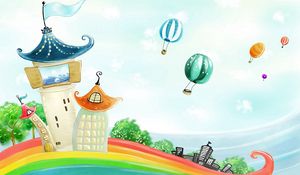 Preview wallpaper building, rainbow, balloons, nature