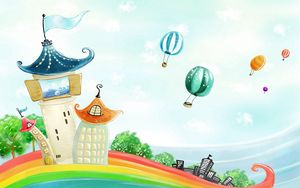 Preview wallpaper building, rainbow, balloons, nature