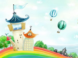 Preview wallpaper building, rainbow, balloons, nature