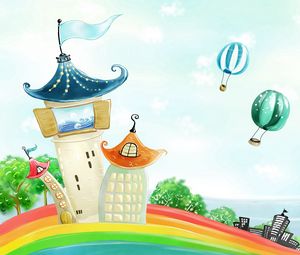Preview wallpaper building, rainbow, balloons, nature