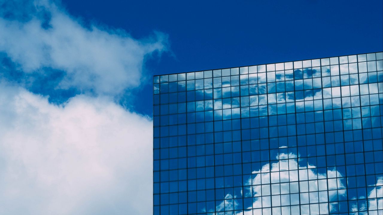 Wallpaper building, reflection, facade, glassy, clouds, sky