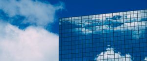 Preview wallpaper building, reflection, facade, glassy, clouds, sky