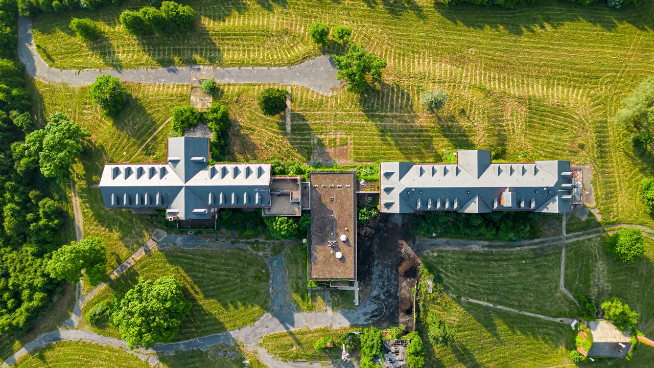 Wallpaper building, roof, aerial view, lawn