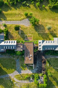 Preview wallpaper building, roof, aerial view, lawn