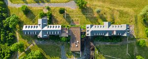 Preview wallpaper building, roof, aerial view, lawn