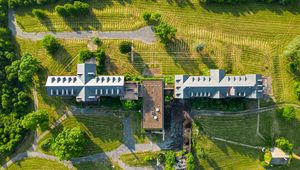 Preview wallpaper building, roof, aerial view, lawn