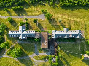 Preview wallpaper building, roof, aerial view, lawn