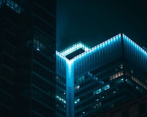 Preview wallpaper building, roof, backlight, blue, night, dark