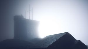 Preview wallpaper building, roof, fog, dark