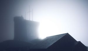 Preview wallpaper building, roof, fog, dark