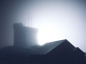 Preview wallpaper building, roof, fog, dark