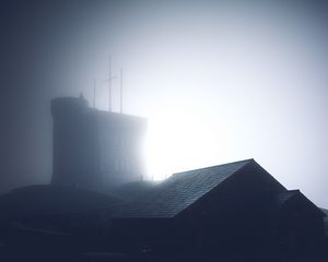 Preview wallpaper building, roof, fog, dark