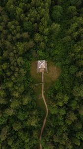 Preview wallpaper building, roof, forest, aerial view, path