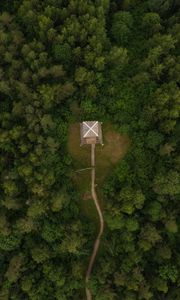 Preview wallpaper building, roof, forest, aerial view, path