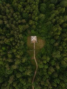 Preview wallpaper building, roof, forest, aerial view, path