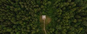 Preview wallpaper building, roof, forest, aerial view, path