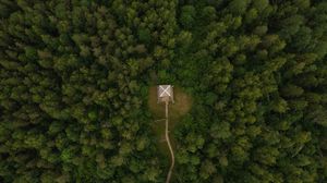 Preview wallpaper building, roof, forest, aerial view, path