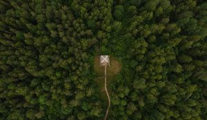 Preview wallpaper building, roof, forest, aerial view, path