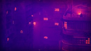 Preview wallpaper building, roof, terrace, light, night, purple
