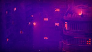 Preview wallpaper building, roof, terrace, light, night, purple