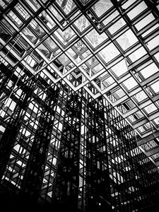 Preview wallpaper building, roof, transparent, glass, black and white, architecture