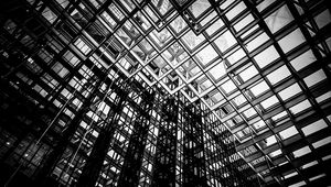 Preview wallpaper building, roof, transparent, glass, black and white, architecture