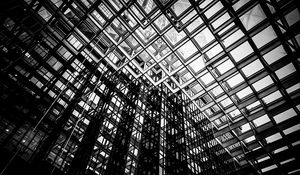 Preview wallpaper building, roof, transparent, glass, black and white, architecture