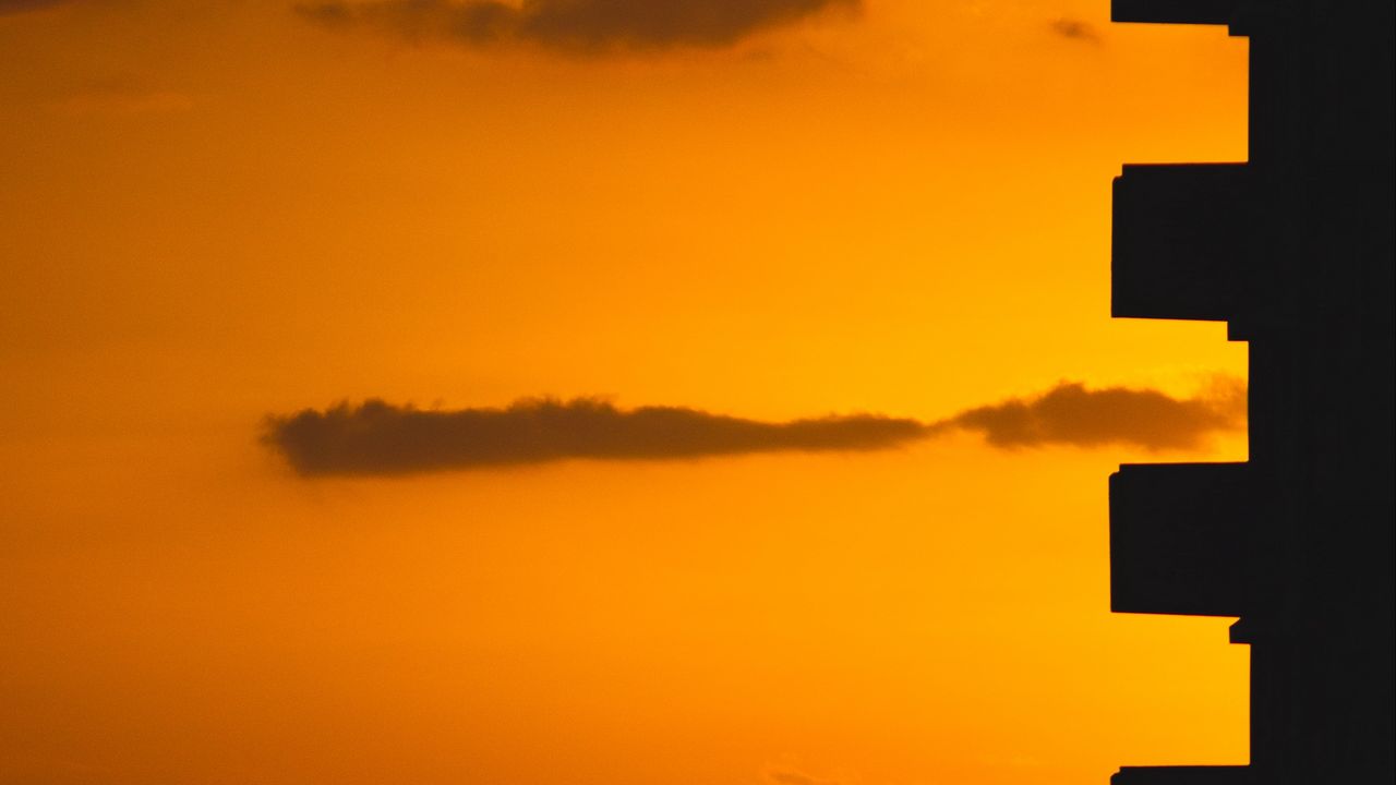 Wallpaper building, silhouette sunset, sky