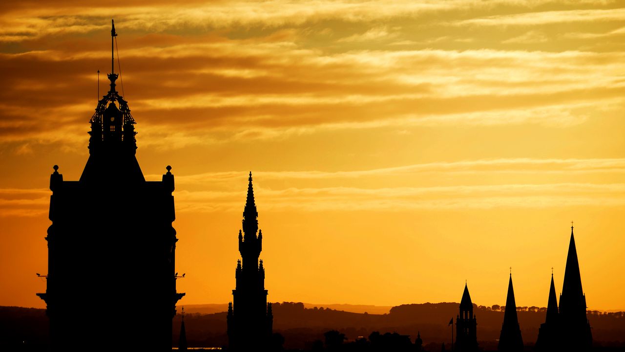 Wallpaper building, silhouette, tower, sunset
