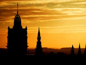 Preview wallpaper building, silhouette, tower, sunset