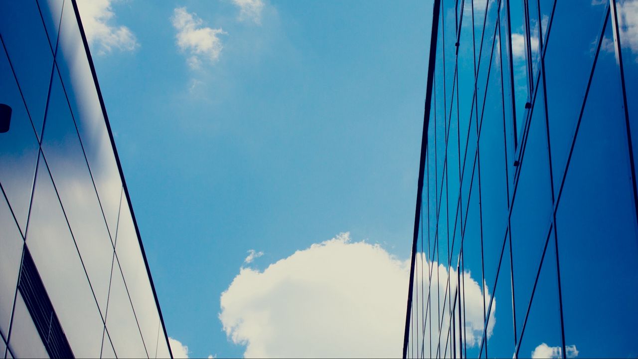 Wallpaper building, sky, clouds, glass, blue
