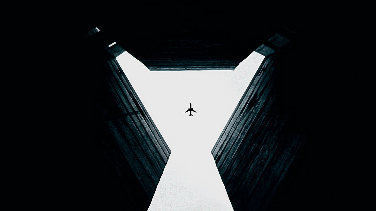 Wallpaper plane, bottom view, symmetry, building, sky, gap, walls, dark, high