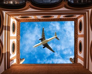 Preview wallpaper building, sky, plane, architecture, bottom view