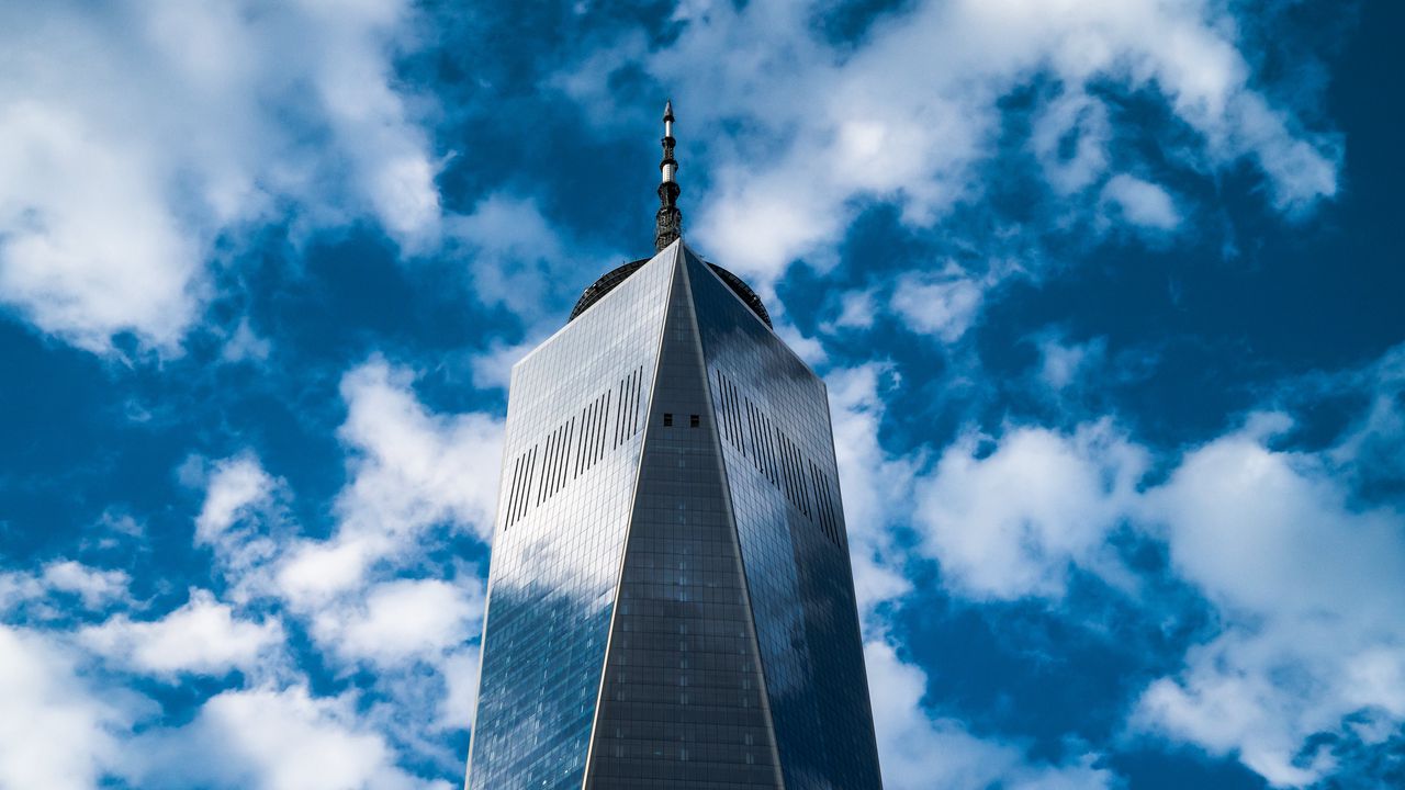 Wallpaper building, skyscraper, clouds, sky