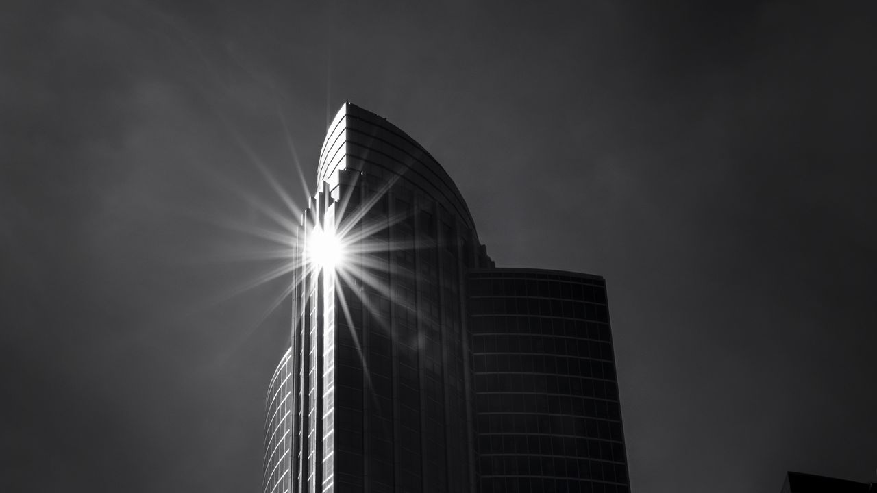 Wallpaper building, skyscraper, glare, rays, bw