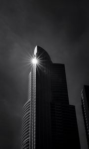 Preview wallpaper building, skyscraper, glare, rays, bw