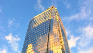 Preview wallpaper building, skyscraper, glass, sky, clouds, bottom view